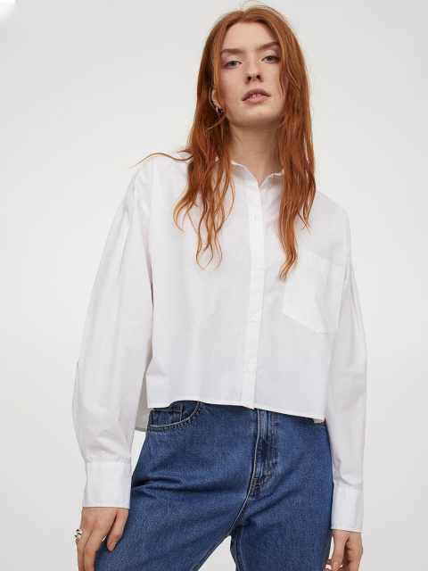 

H&M Women White Solid Boxy cotton shirt