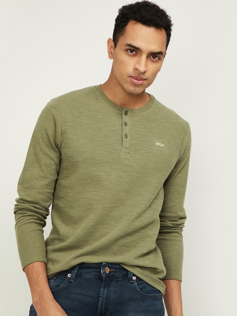 

UCLA Men Olive Green Solid Henley Neck T-shirt