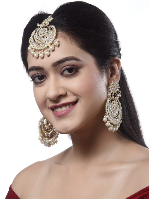 

Shining Diva 18K Gold-Plated White Kundan-Studded & Beaded Handcrafted Jewellery Set