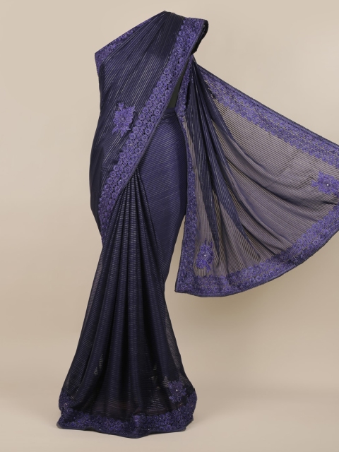 

Pothys Navy Blue Striped Poly Georgette Saree