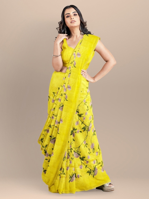 

BharatSthali Yellow Silk Cotton Embroidered Mangalagiri Saree