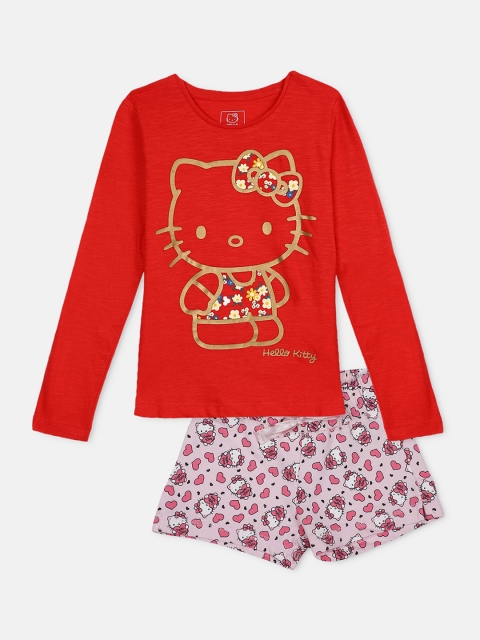 

Kids Ville Girls Red & Pink Printed Hello Kitty T-shirt with Shorts