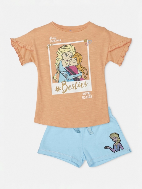 Kids Ville Girls Peach-Coloured & Blue Frozen Printed Top with Shorts