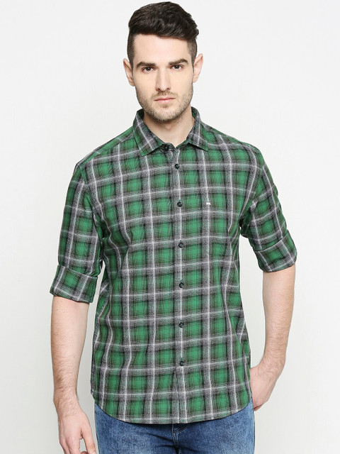 

Basics Men Green Slim Fit Checked Casual Shirt