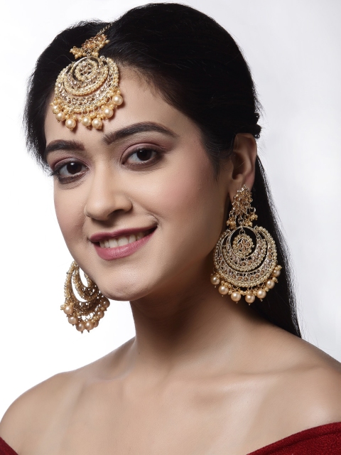 

Shining Diva 18K Gold-Plated & Beige Kundan-Studded & Beaded Antique Jewellery Set