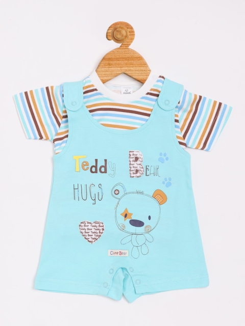

Olio Kids Boys Turquoise Blue & White Striped Cotton T-shirt with Dungarees