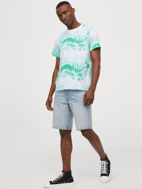 

H&M Men White & Turquoise Blue Cotton T-shirt