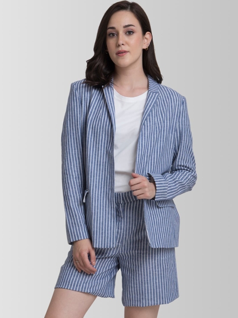 

FableStreet Women Blue & White Striped Coat with Shorts