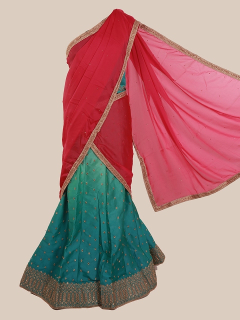

Pothys Red & Blue Poly Chiffon Embellished Traditional Half Saree