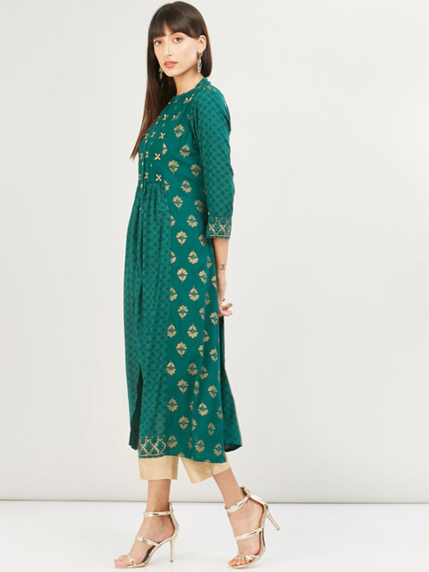 

max Women Green Ethnic Motifs Embroidered Keyhole Neck Kurta