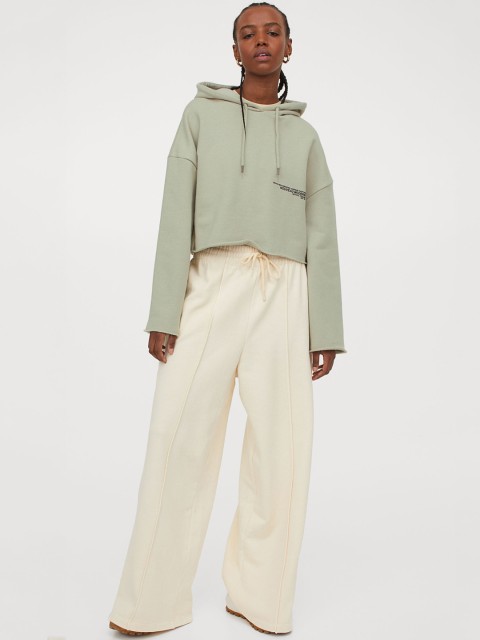 

H&M Women Beige & Black Printed Pure Cotton Cropped Sustainable Hoodie