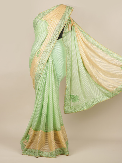 

Pothys Green & Beige Poly Georgette Striped Saree