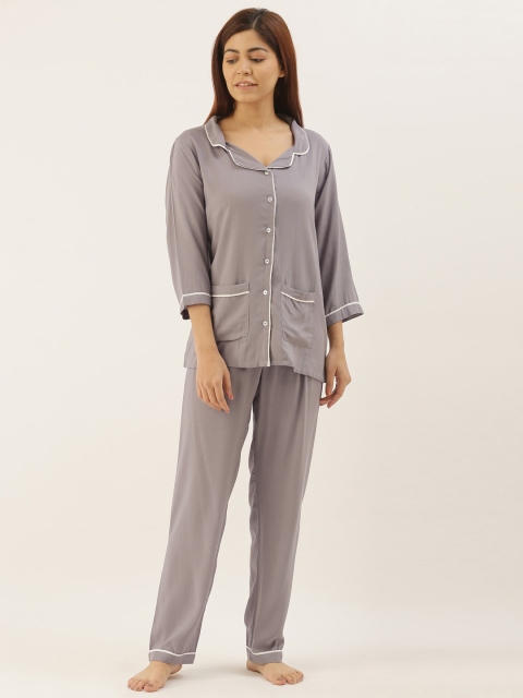 

Bannos Swagger Women Grey & White Solid Night suit