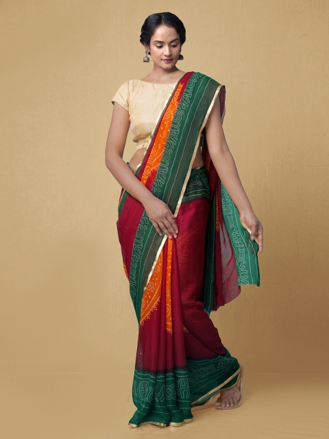 

Unnati Silks Red & Green Pure Chiffon Printed Bandhani Saree