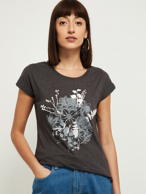 

max Women Grey Printed Round Neck T-shirt