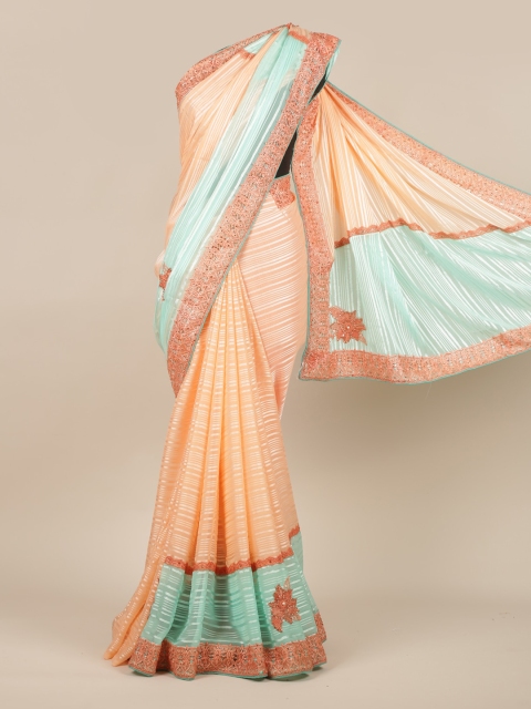 

Pothys Peach-Coloured & Blue Poly Georgette Striped Saree