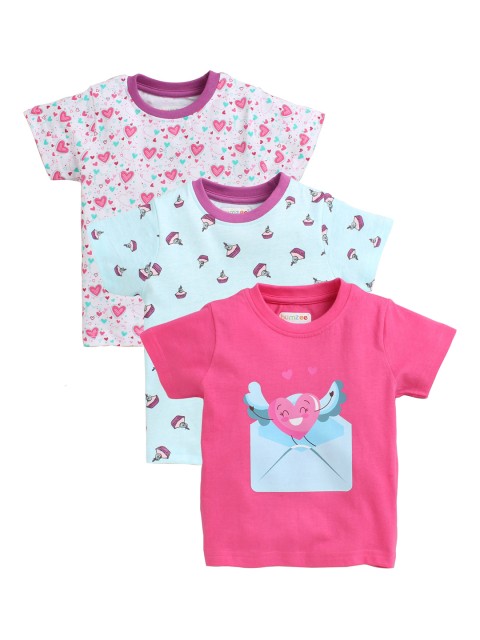 BUMZEE Unisex Kids Pack of 3 Printed Round Neck T-shirt, Pink
