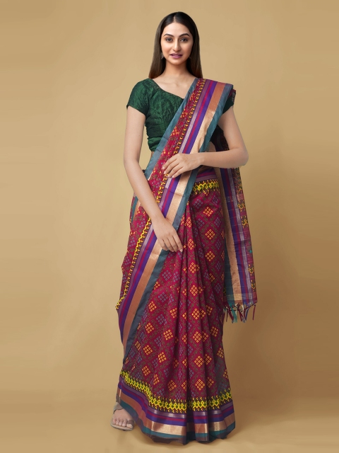 

Unnati Silks Red Silk Cotton Printed Handloom Chanderi Saree