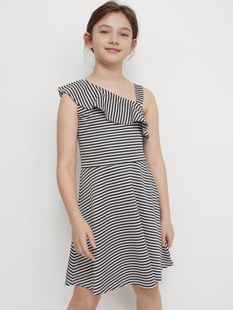 H&M Girls Navy Blue & White Striped One-shoulder Dress