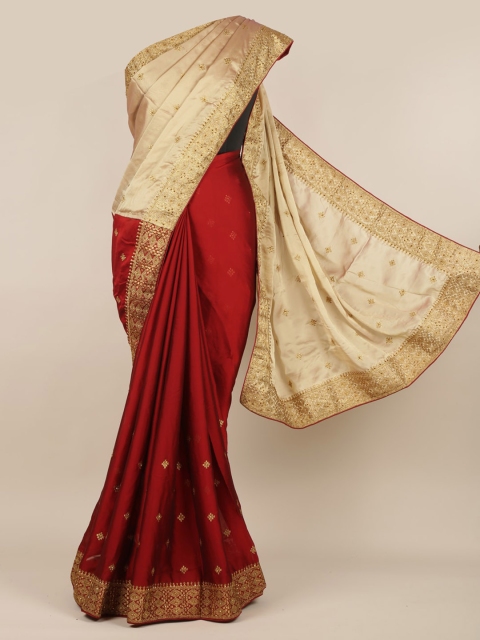 

Pothys Cream-Coloured & Red Poly Chiffon Embroidered Saree