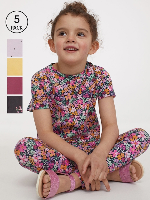 

H&M Girls 5-Pack Pure Cotton Printed Jersey Tops, Grey