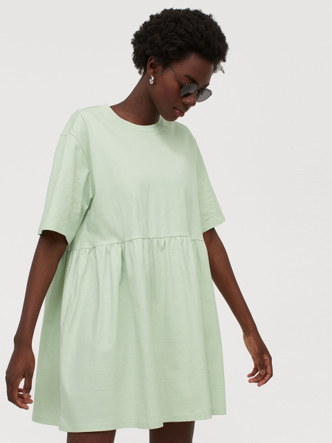 

H&M Women Green Solid Cotton Fit and Flare Dress