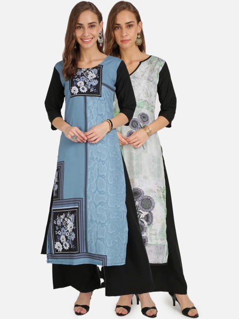 

Florence Women Pack Of 2 Blue & Off-White Printed Kurta with Palazzos