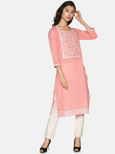 

Saffron Threads Women Peach-Coloured Yoke Design Chikankari Kurta