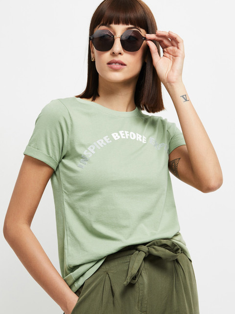 

max Women Green Printed Round Neck Cotton T-shirt