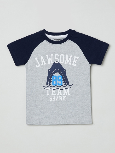 

max Boys Grey Printed Round Neck Cotton T-shirt