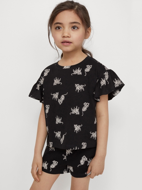 

H&M Girls Black & White Printed Cotton Top and Shorts