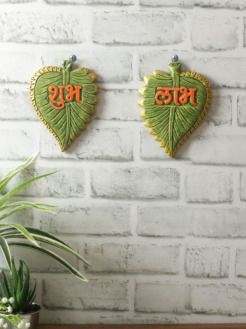 

Aapno Rajasthan Green Handpainted Terracotta Shubh Laabh Wall Hanging Pair