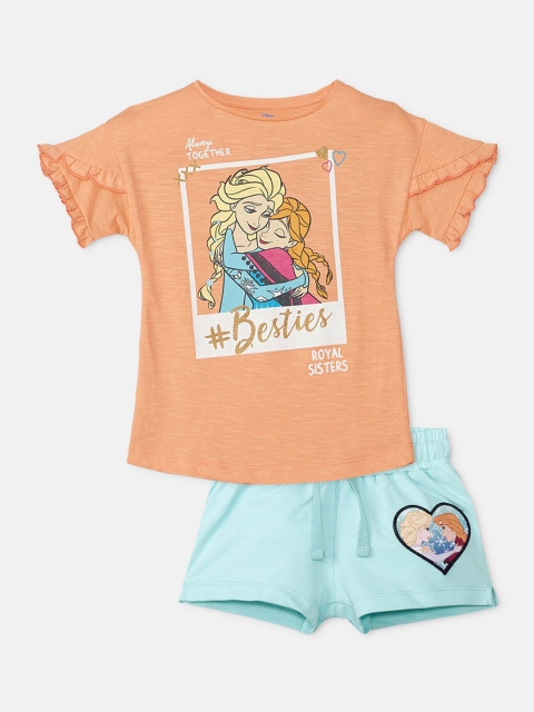 

Kids Ville Girls Peach-Coloured & Blue Frozen Printed T-shirt with Shorts