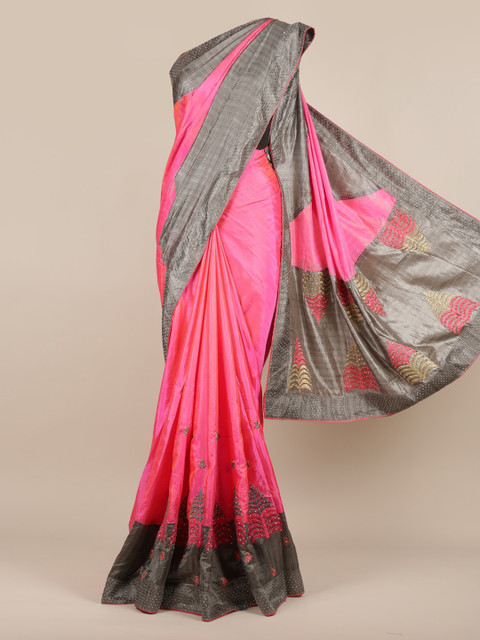 

Pothys Pink & Grey Jute Silk Solid Saree