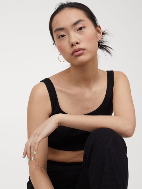 

H&M Women Black Cotton Crop Sustainable Top