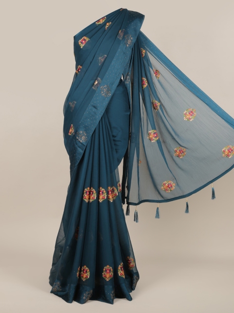 

Pothys Teal Blue & Red Poly Georgette Embroidered Saree