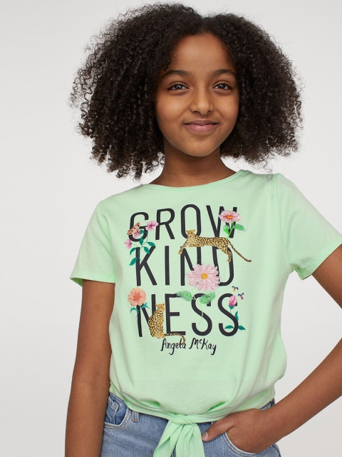 

H&M Girls Green & Black Pure Cotton Printed Tie-Hem Top