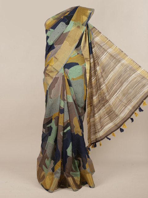 

Pothys Multicoloured Printed Linen Blend Saree With Tasseled Pallu, Multi