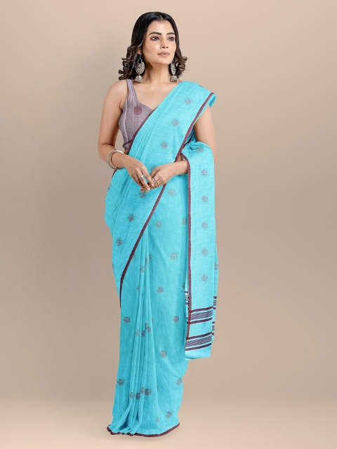 

BharatSthali Turquoise Blue Pure Cotton Woven Design Taant Handloom Saree