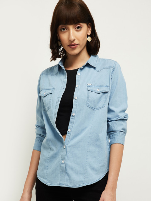 

max Women Blue Regular Fit Solid Cotton Casual Denim Shirt