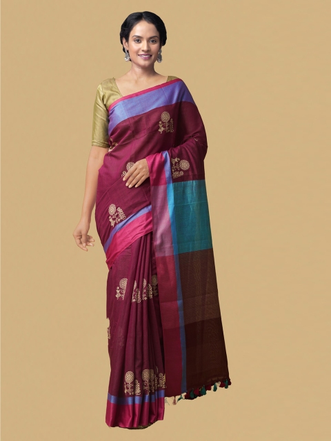 

Unnati Silks Maroon Pure Linen Woven Design Jamdani Saree