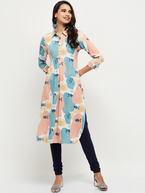 

max Women Coral Pink & Blue Quirky Printed Pathani Kurta