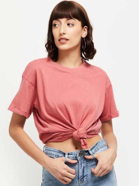 

max Women Coral Pink Solid Round Neck Cotton Pure Cotton T-shirt