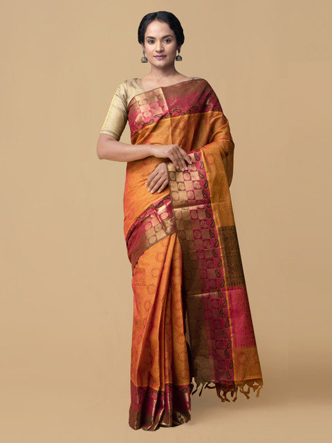 

Unnati Silks Red & Orange Pure Cotton Woven Design Handloom Mysore Silk Saree