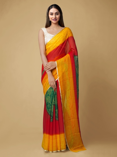 

Unnati Silks Maroon & Yellow Pure Chiffon Printed Baluchari Handloom Saree