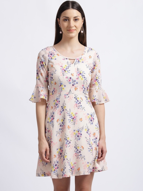 

Zink London Women Peach-Coloured Floral Printed Fit and Flare Dress