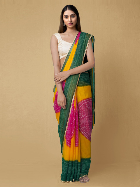 

Unnati Silks Yellow Pure Chiffon Printed Baluchari Saree