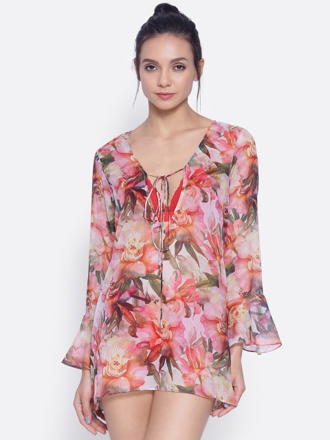 

EROTISSCH Women Pink & Yellow Floral-Printed Cover-Up Dress