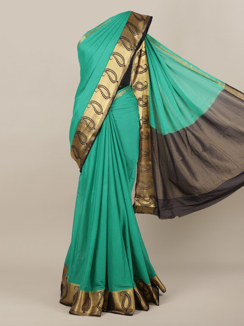 

Pothys Green & Gold-Toned Poly Chiffon Solid Saree