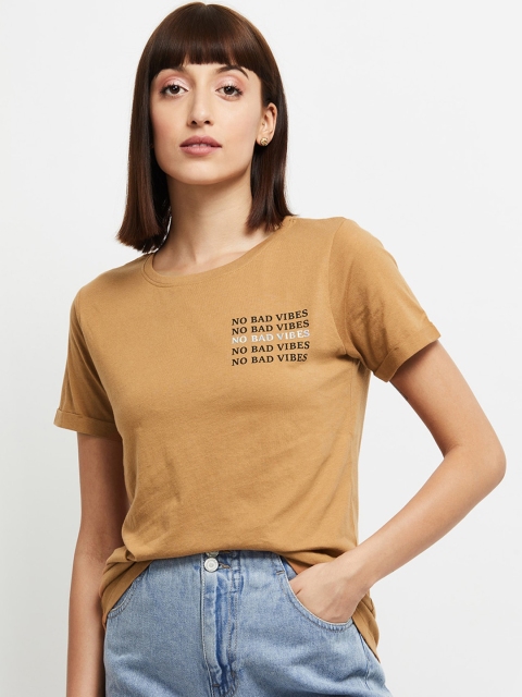 

max Women Brown Printed Round Neck T-shirt